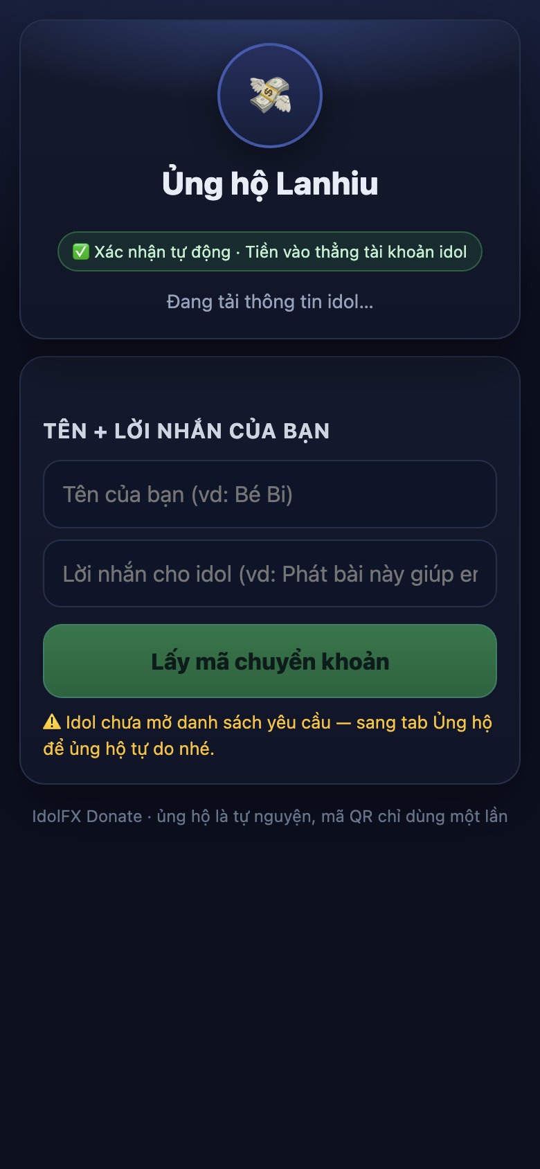 Trang donate demo trên điện thoại